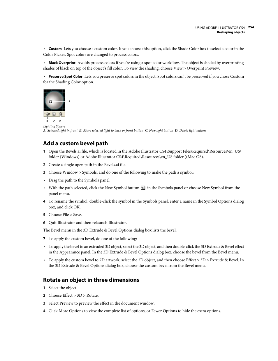Add a custom bevel path, Rotate an object in three dimensions | Adobe Illustrator CS4 User Manual | Page 261 / 499