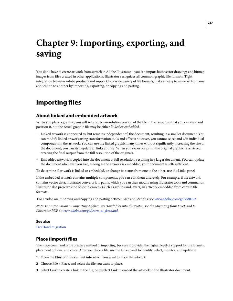 Chapter 9: importing, exporting, and saving, Importing files, About linked and embedded artwork | Place (import) files | Adobe Illustrator CS4 User Manual | Page 264 / 499