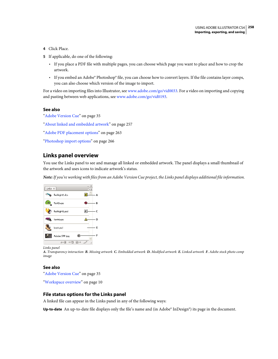 Links panel overview, File status options for the links panel | Adobe Illustrator CS4 User Manual | Page 265 / 499