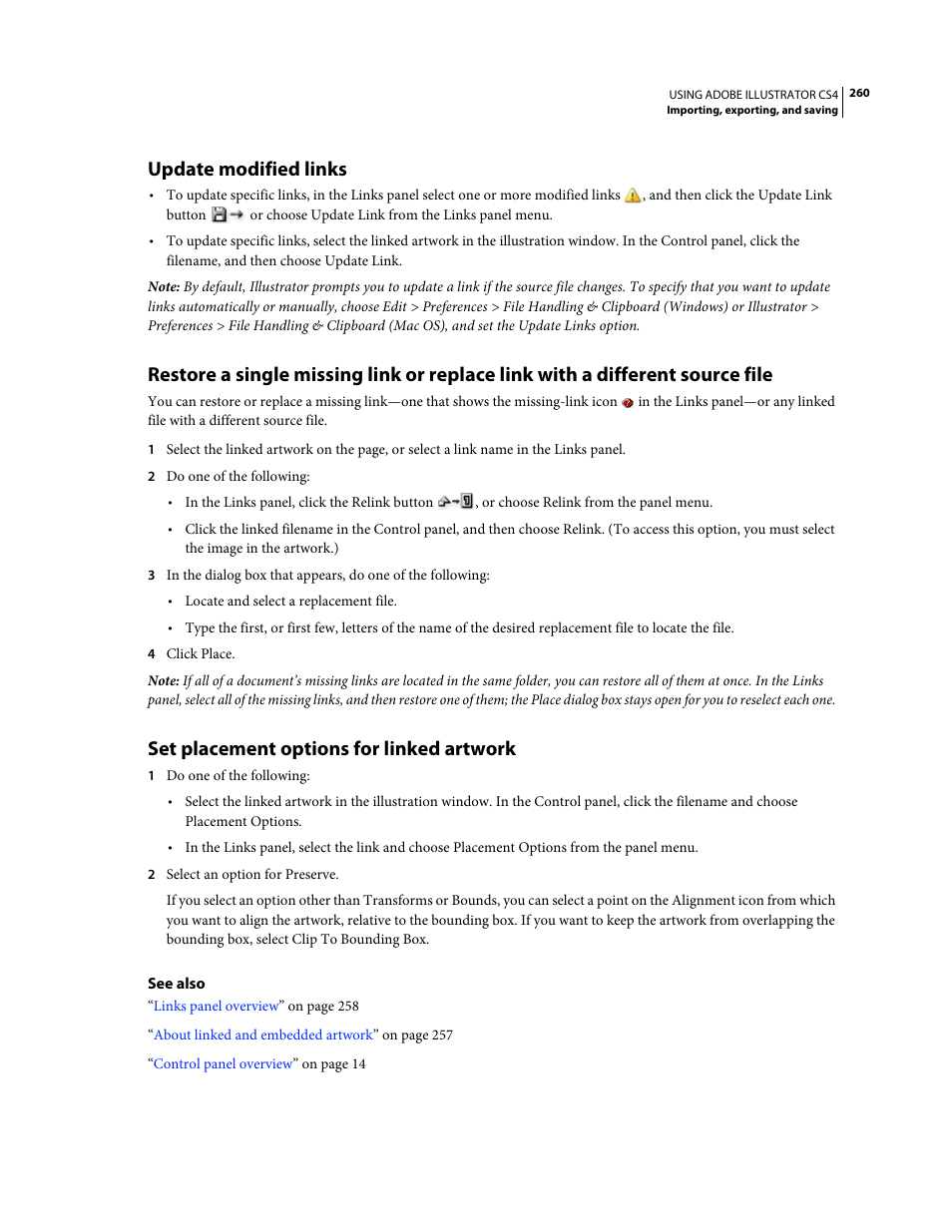 Update modified links, Set placement options for linked artwork | Adobe Illustrator CS4 User Manual | Page 267 / 499