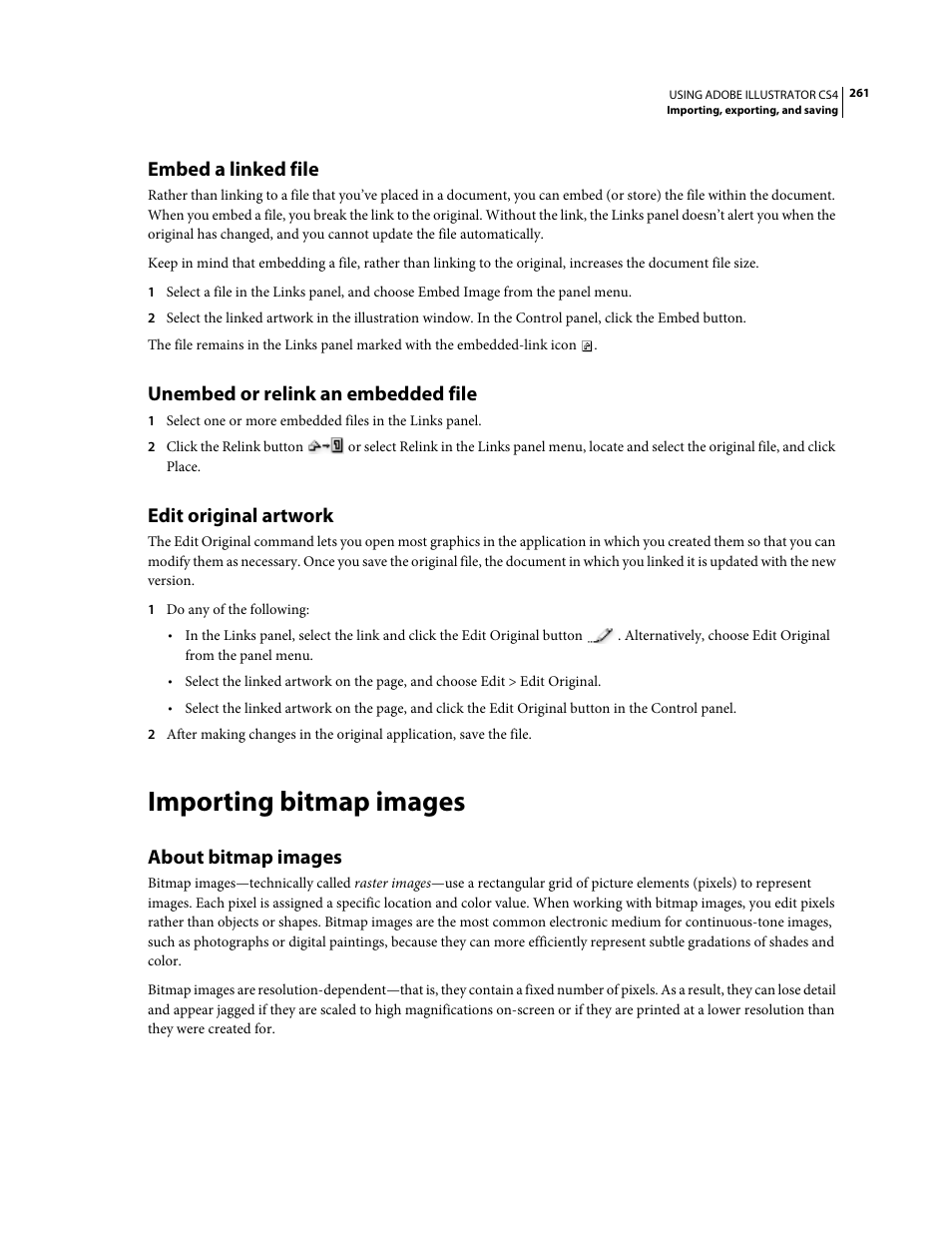 Embed a linked file, Unembed or relink an embedded file, Edit original artwork | Importing bitmap images, About bitmap images | Adobe Illustrator CS4 User Manual | Page 268 / 499