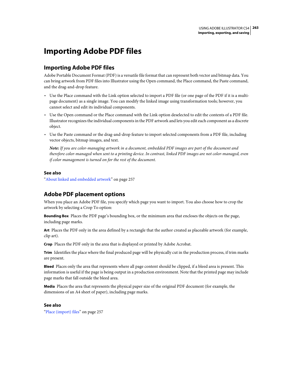 Importing adobe pdf files, Adobe pdf placement options | Adobe Illustrator CS4 User Manual | Page 270 / 499