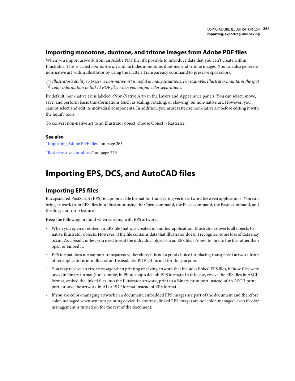 Importing eps, dcs, and autocad files, Importing eps files | Adobe Illustrator CS4 User Manual | Page 271 / 499