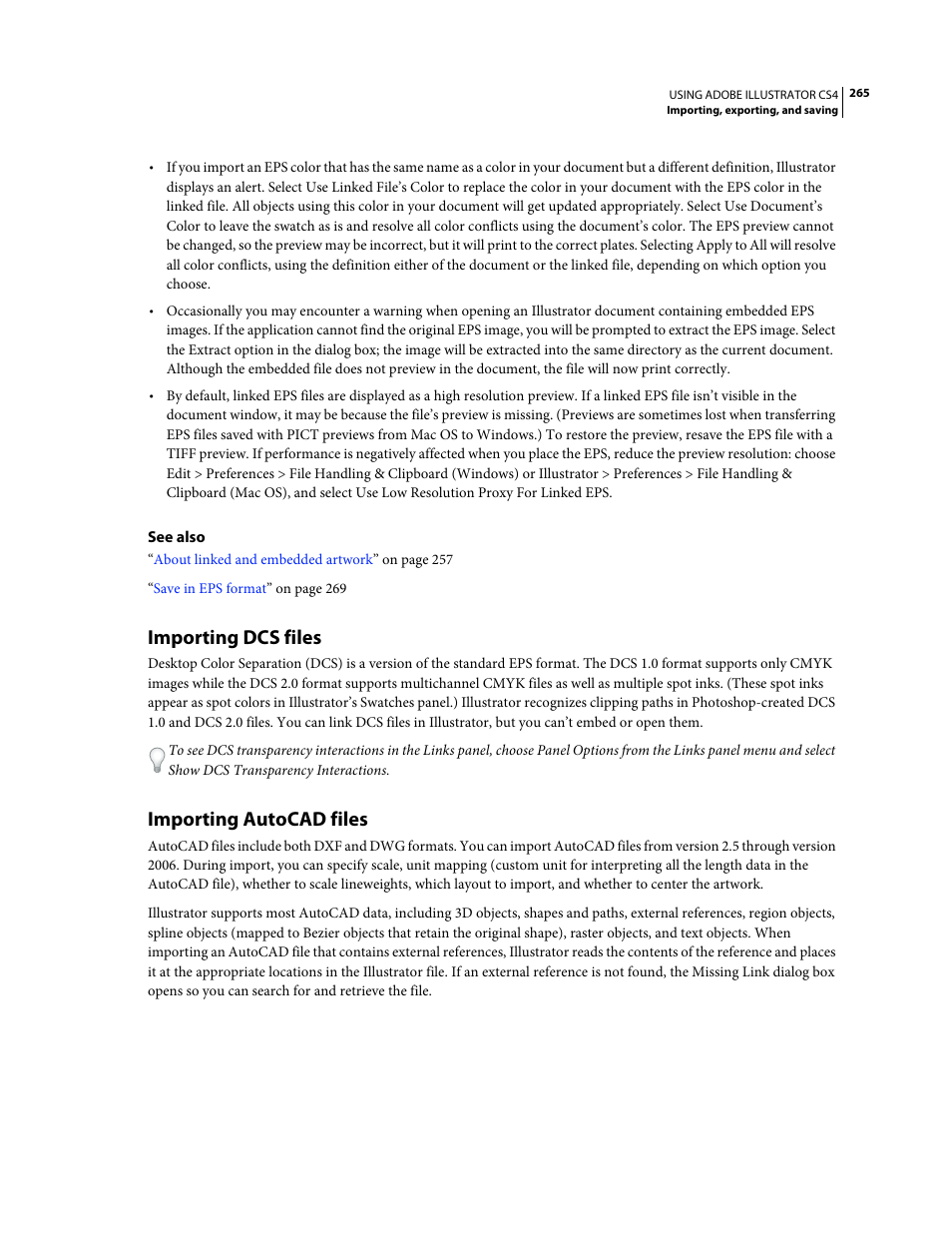 Importing dcs files, Importing autocad files | Adobe Illustrator CS4 User Manual | Page 272 / 499