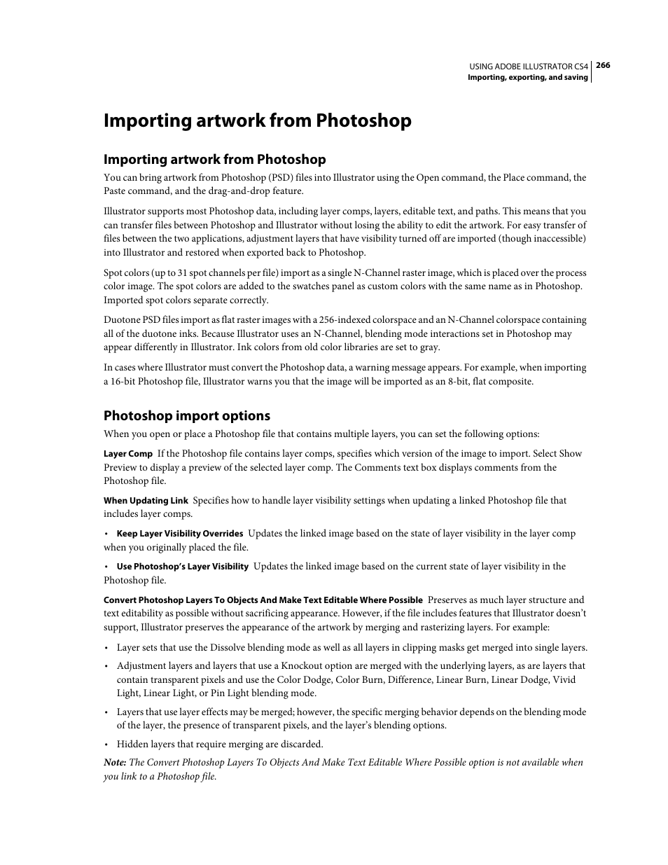 Importing artwork from photoshop, Photoshop import options | Adobe Illustrator CS4 User Manual | Page 273 / 499