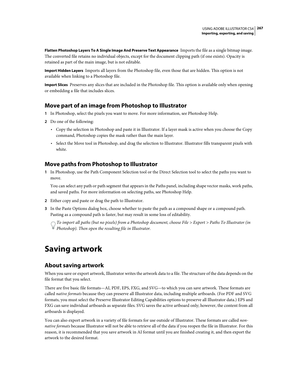 Move paths from photoshop to illustrator, Saving artwork, About saving artwork | Adobe Illustrator CS4 User Manual | Page 274 / 499
