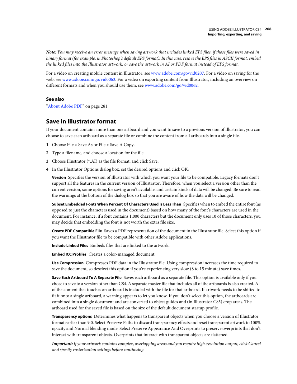 Save in illustrator format | Adobe Illustrator CS4 User Manual | Page 275 / 499