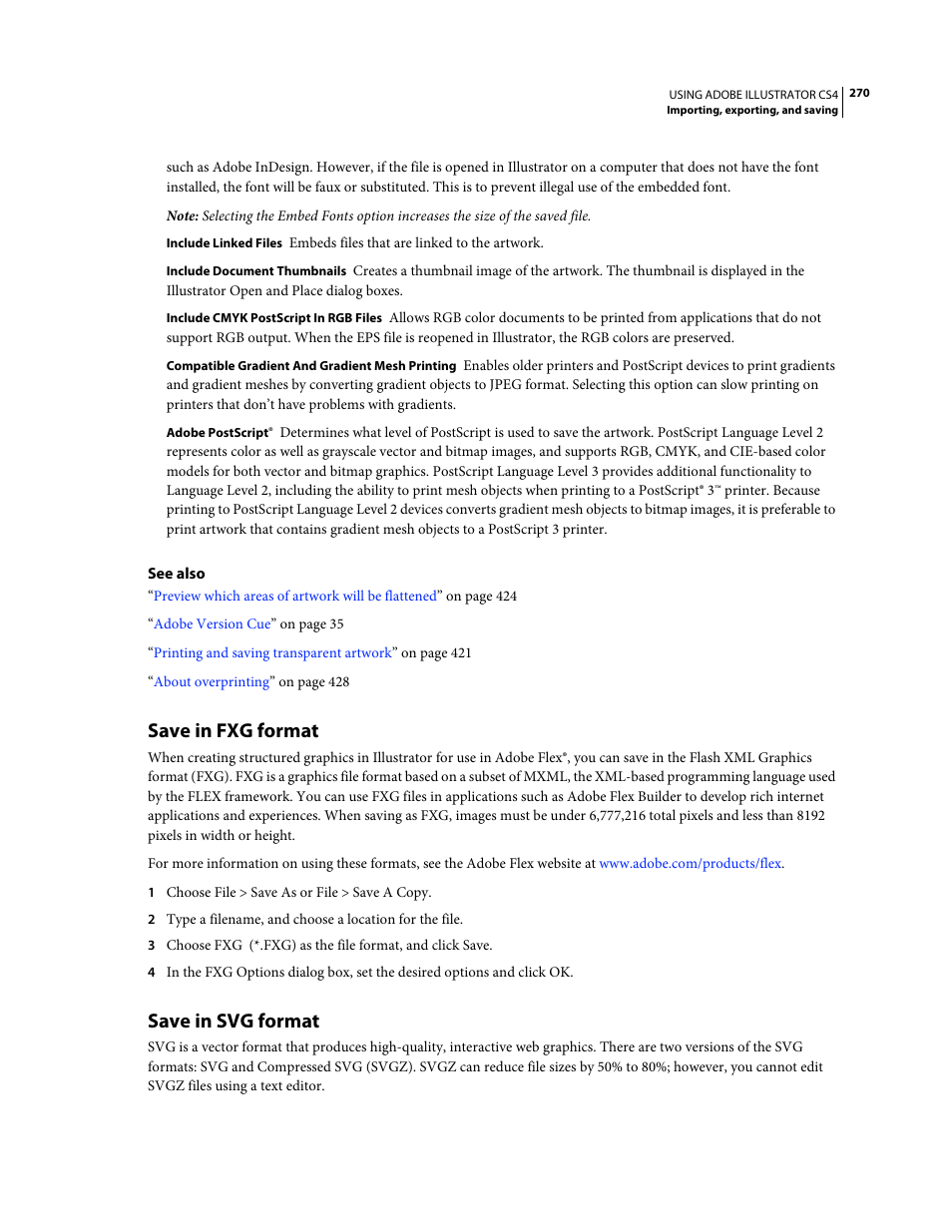 Save in fxg format, Save in svg format | Adobe Illustrator CS4 User Manual | Page 277 / 499