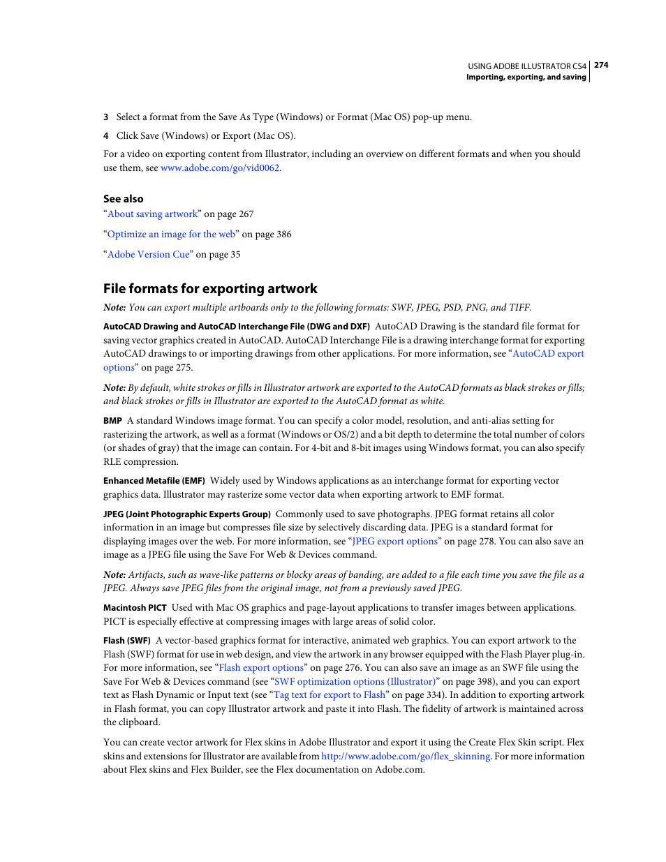File formats for exporting artwork | Adobe Illustrator CS4 User Manual | Page 281 / 499