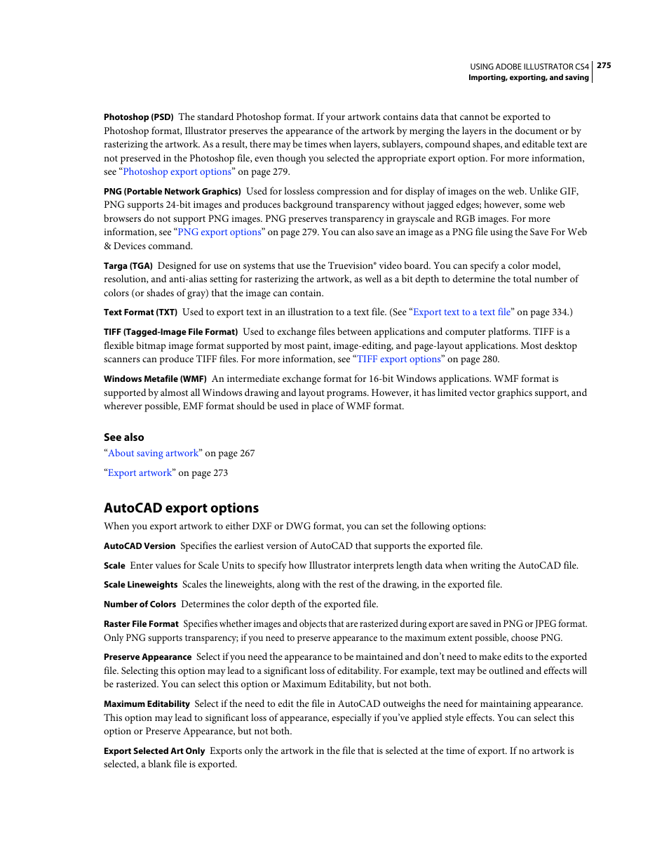 Autocad export options, Autocad export, Options | Adobe Illustrator CS4 User Manual | Page 282 / 499