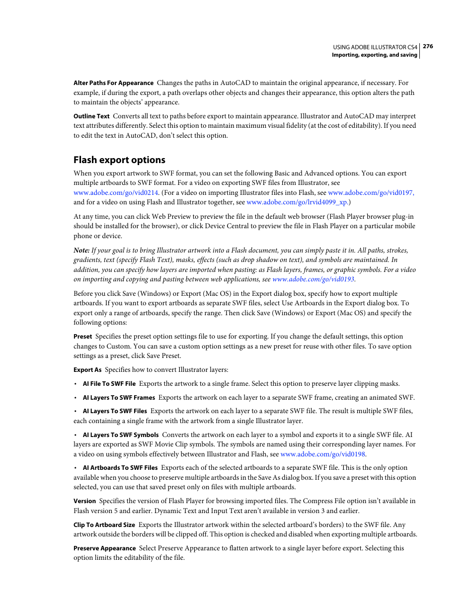 Flash export options, For more information, see | Adobe Illustrator CS4 User Manual | Page 283 / 499