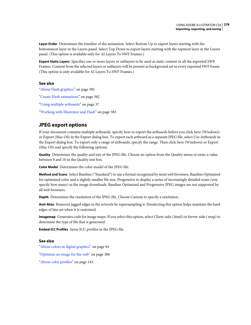 Jpeg export options | Adobe Illustrator CS4 User Manual | Page 285 / 499