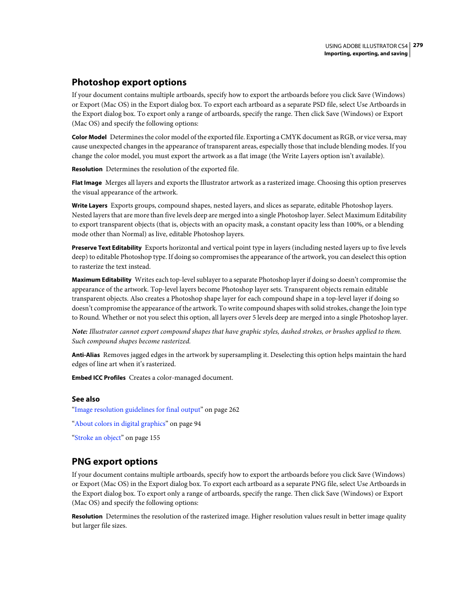 Photoshop export options, Png export options | Adobe Illustrator CS4 User Manual | Page 286 / 499