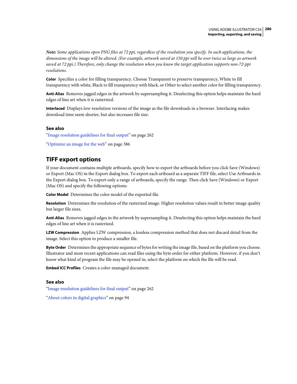 Tiff export options | Adobe Illustrator CS4 User Manual | Page 287 / 499