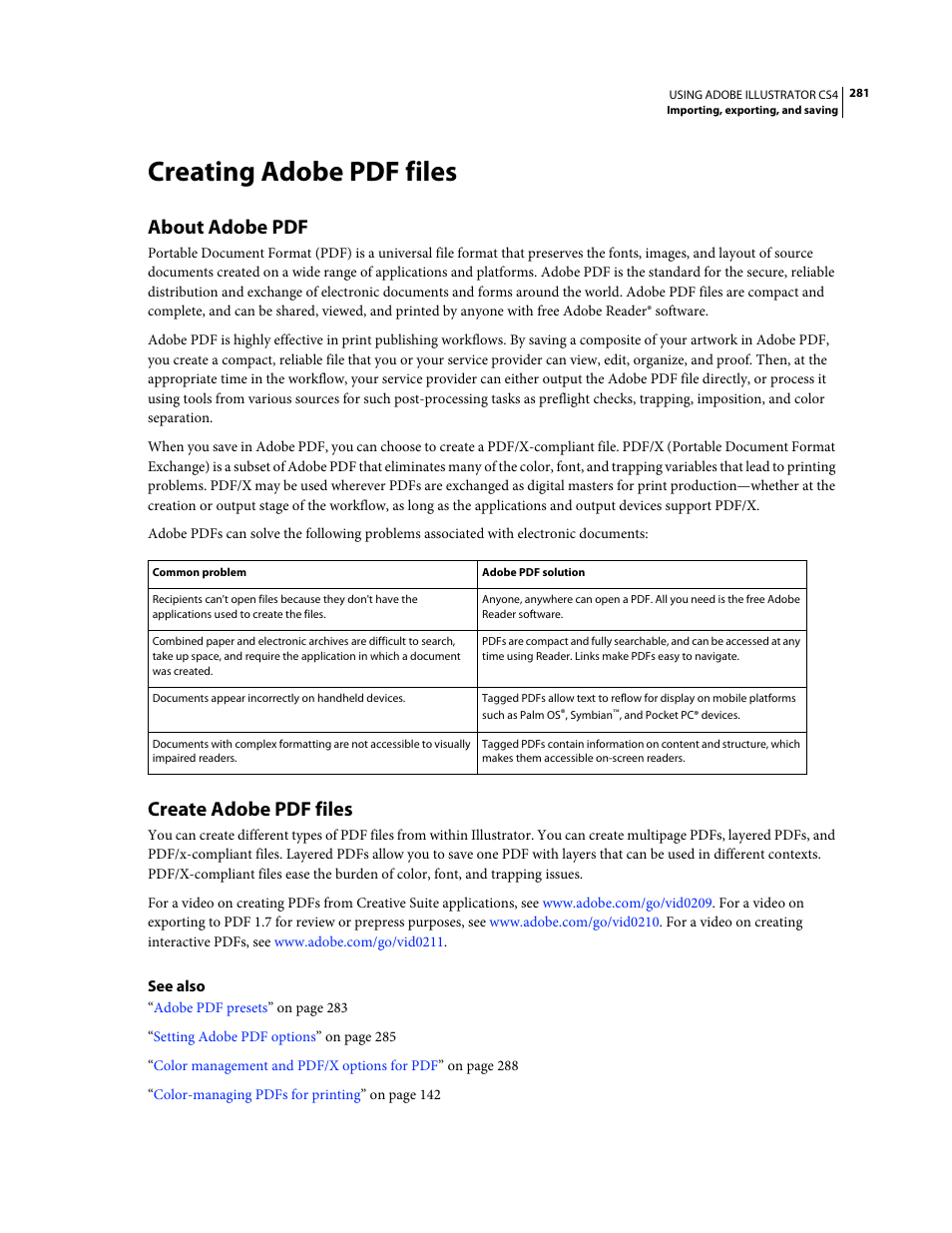 Creating adobe pdf files, About adobe pdf, Create adobe pdf files | Adobe Illustrator CS4 User Manual | Page 288 / 499