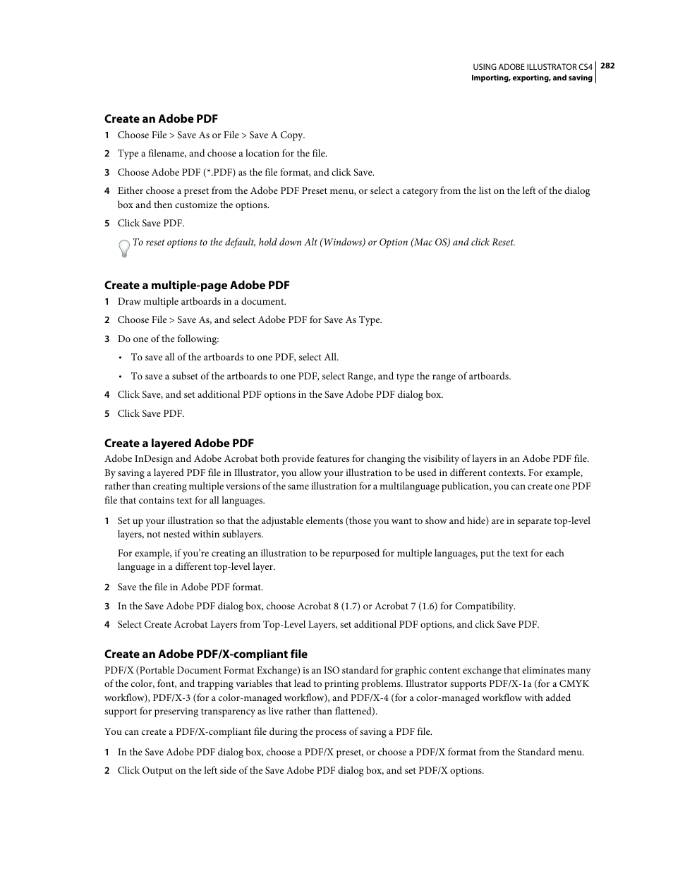 Create an adobe pdf, Create a layered adobe pdf, Create an adobe pdf/x-compliant file | Adobe Illustrator CS4 User Manual | Page 289 / 499