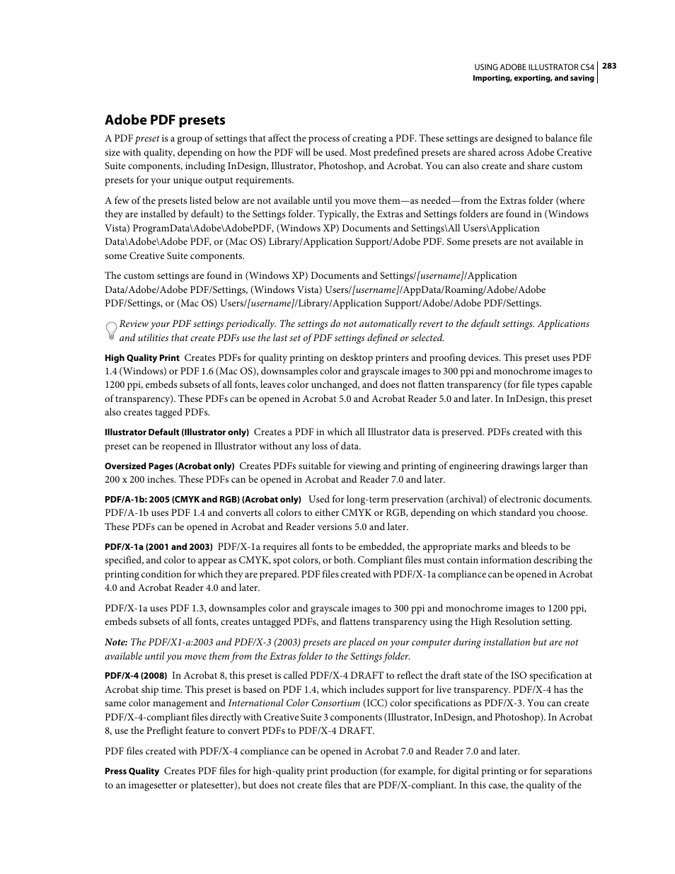 Adobe pdf presets | Adobe Illustrator CS4 User Manual | Page 290 / 499