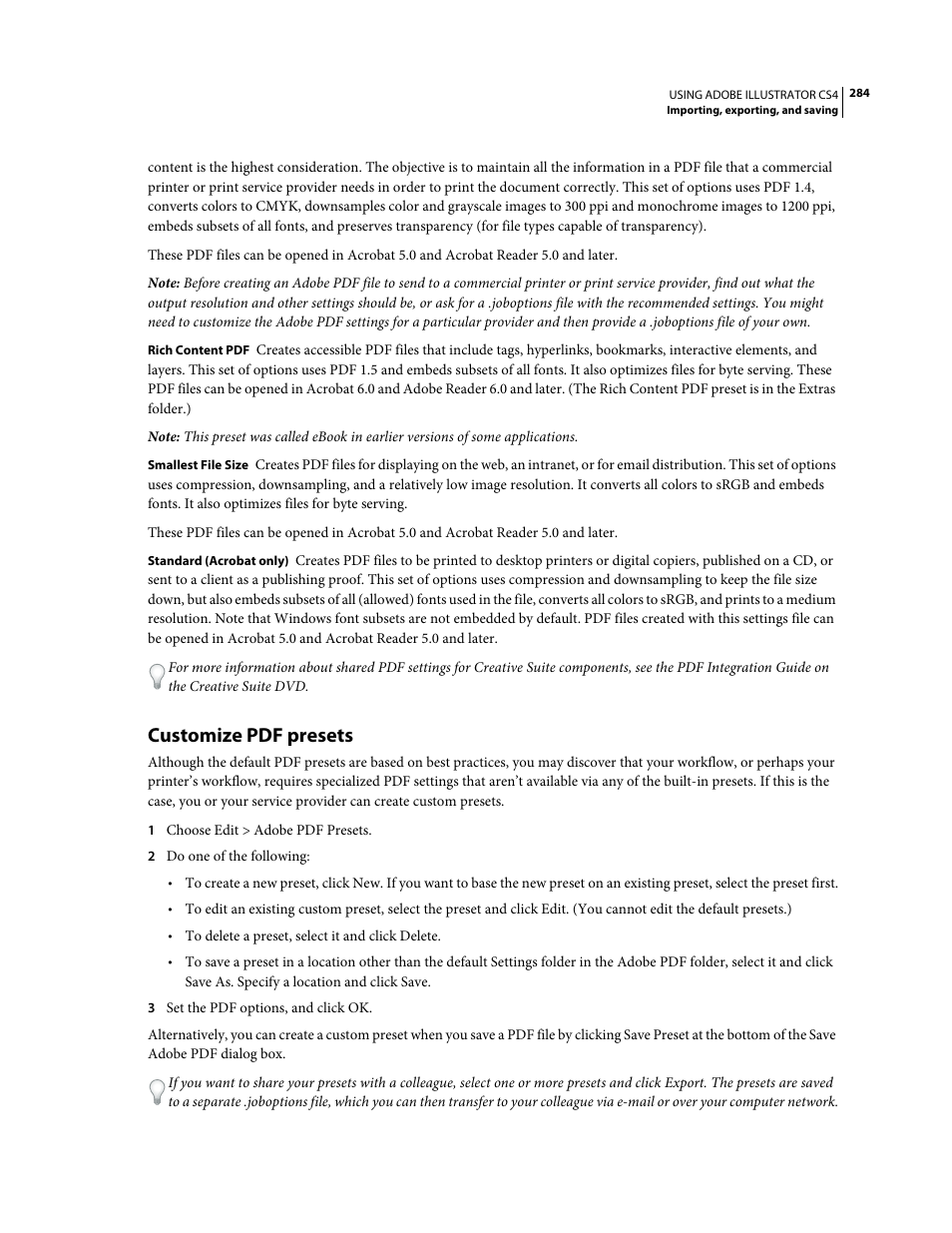 Customize pdf presets | Adobe Illustrator CS4 User Manual | Page 291 / 499