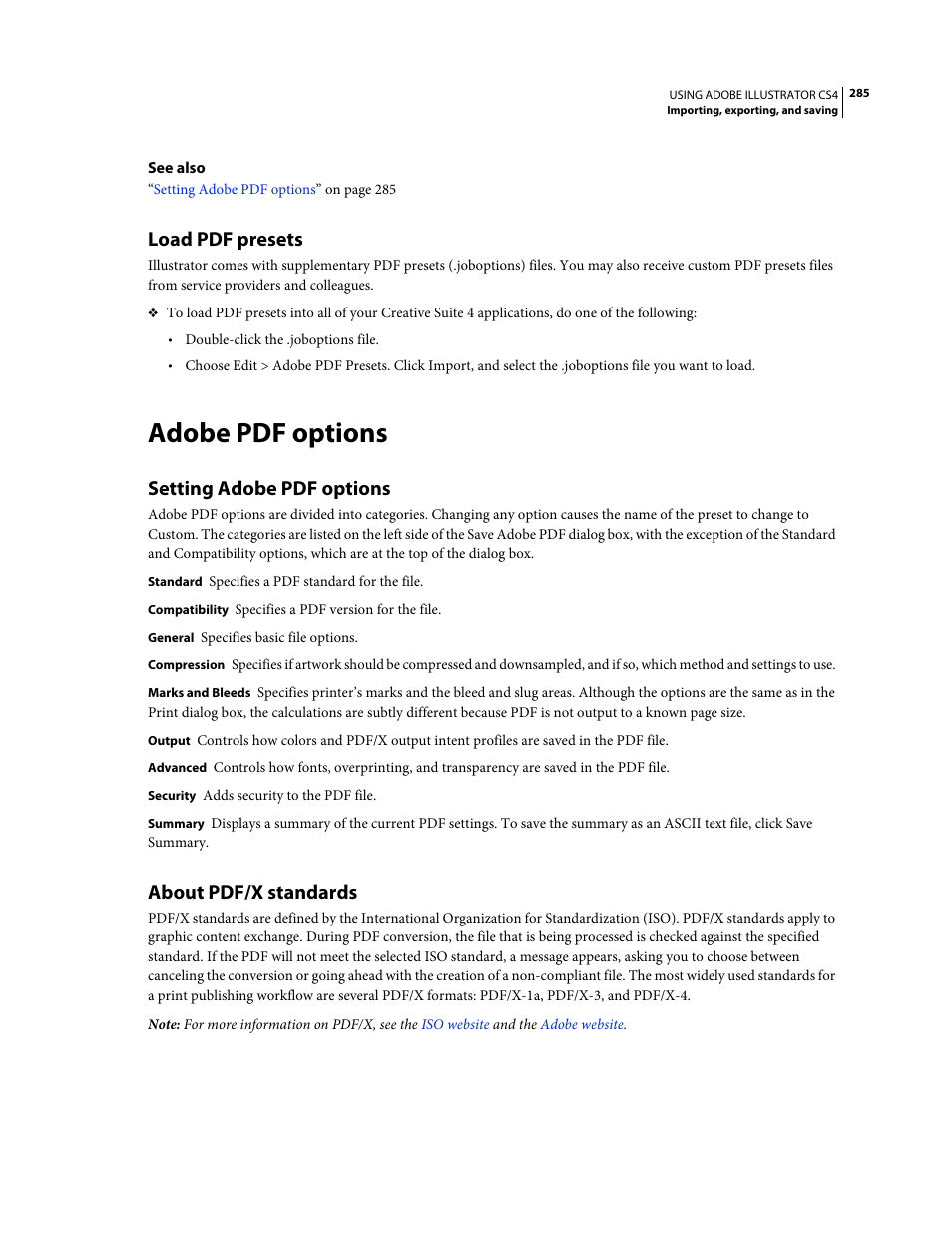 Load pdf presets, Adobe pdf options, Setting adobe pdf options | About pdf/x standards | Adobe Illustrator CS4 User Manual | Page 292 / 499