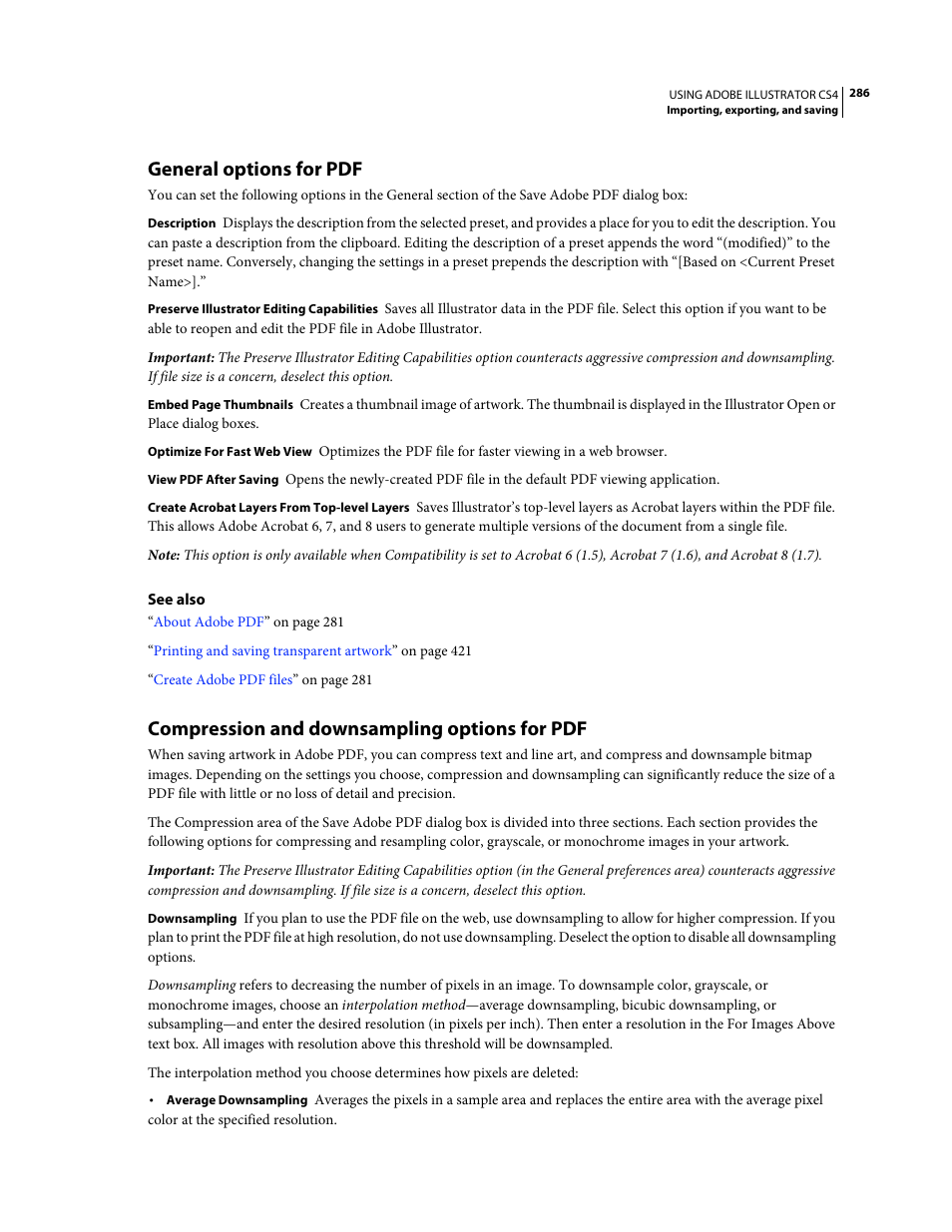 General options for pdf, Compression and downsampling options for pdf | Adobe Illustrator CS4 User Manual | Page 293 / 499