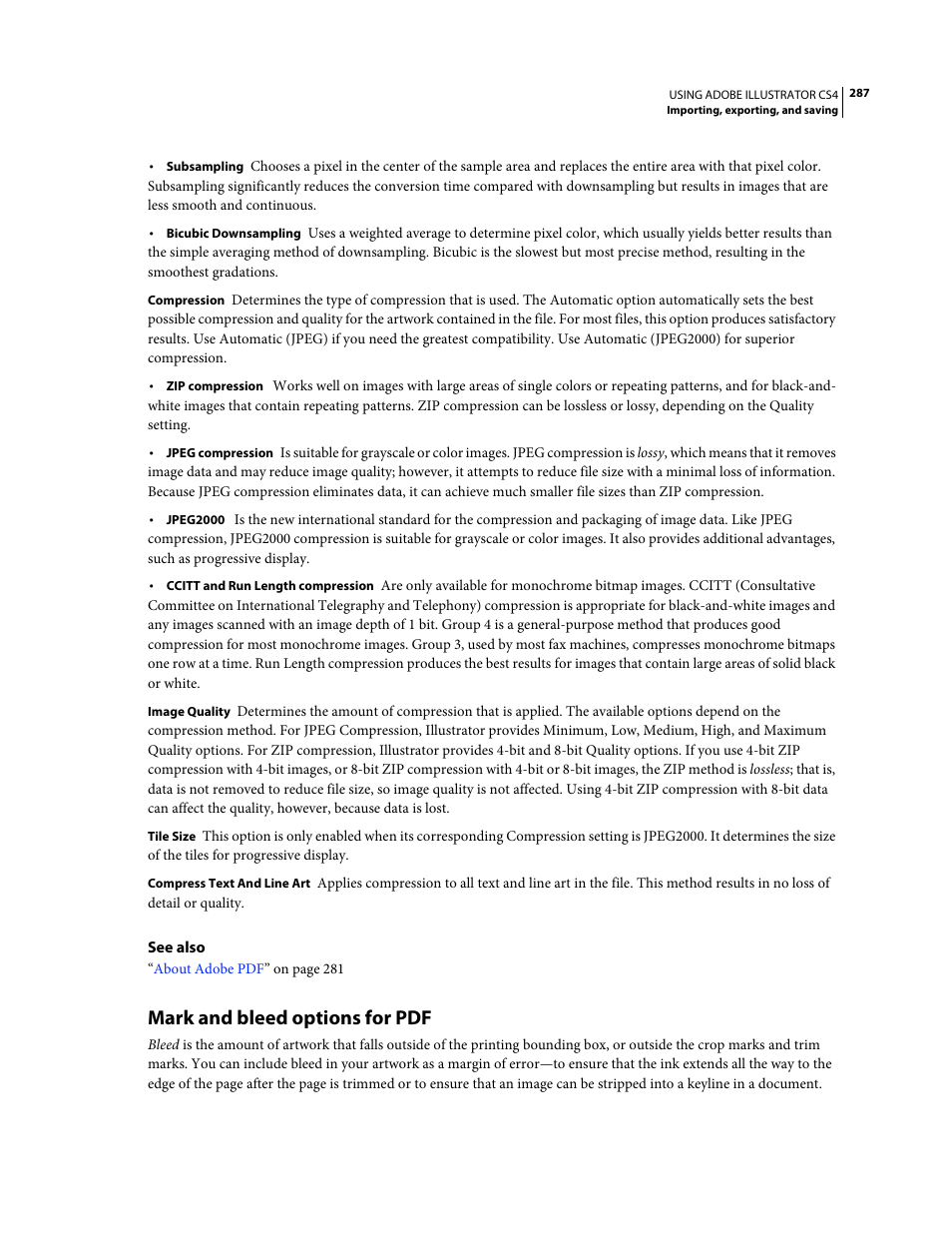 Mark and bleed options for pdf | Adobe Illustrator CS4 User Manual | Page 294 / 499