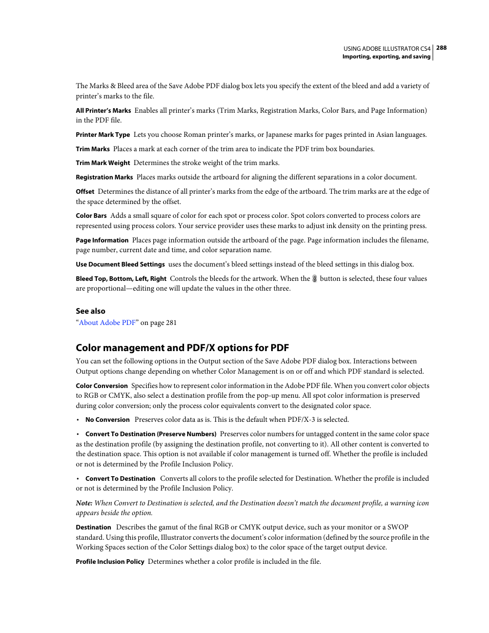 Color management and pdf/x options for pdf | Adobe Illustrator CS4 User Manual | Page 295 / 499