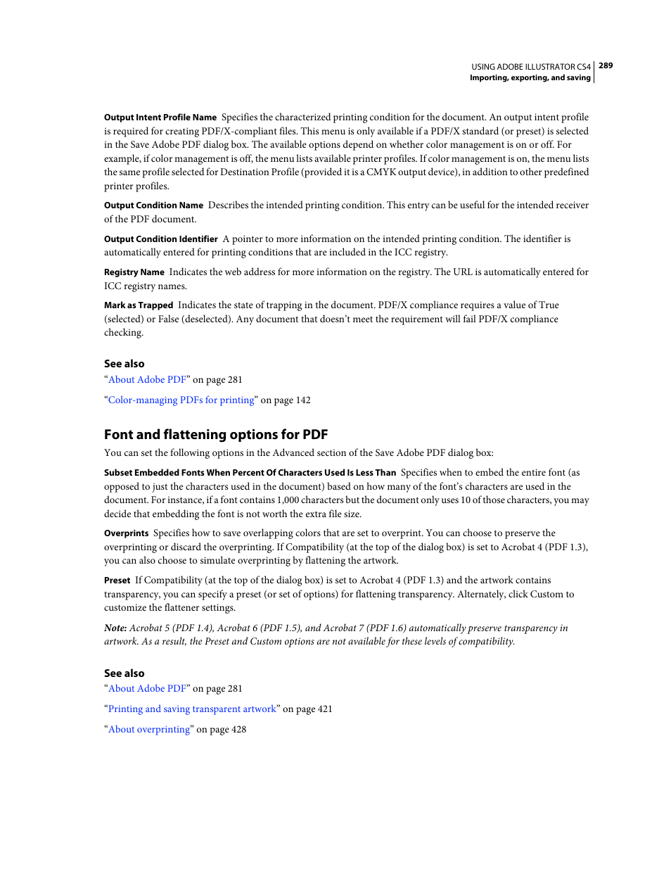 Font and flattening options for pdf | Adobe Illustrator CS4 User Manual | Page 296 / 499