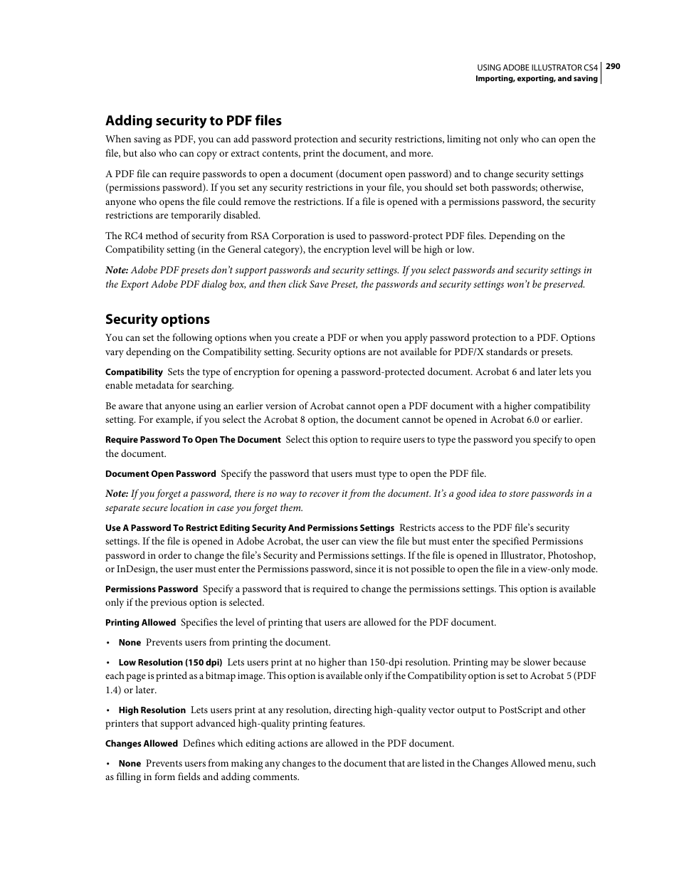 Adding security to pdf files, Security options | Adobe Illustrator CS4 User Manual | Page 297 / 499