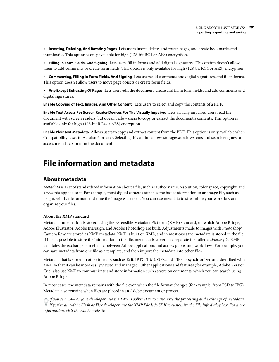 File information and metadata, About metadata | Adobe Illustrator CS4 User Manual | Page 298 / 499