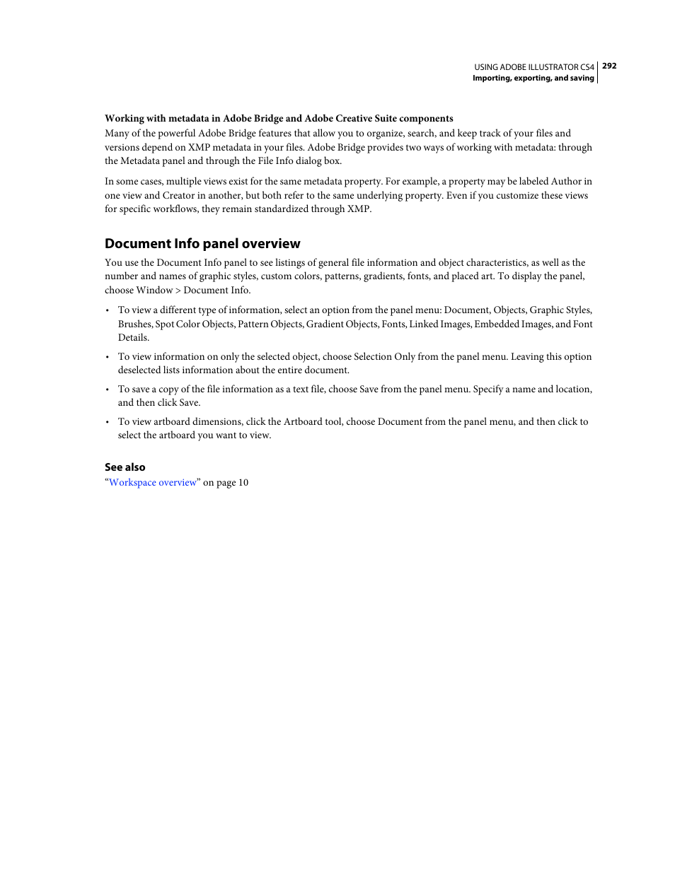 Document info panel overview | Adobe Illustrator CS4 User Manual | Page 299 / 499