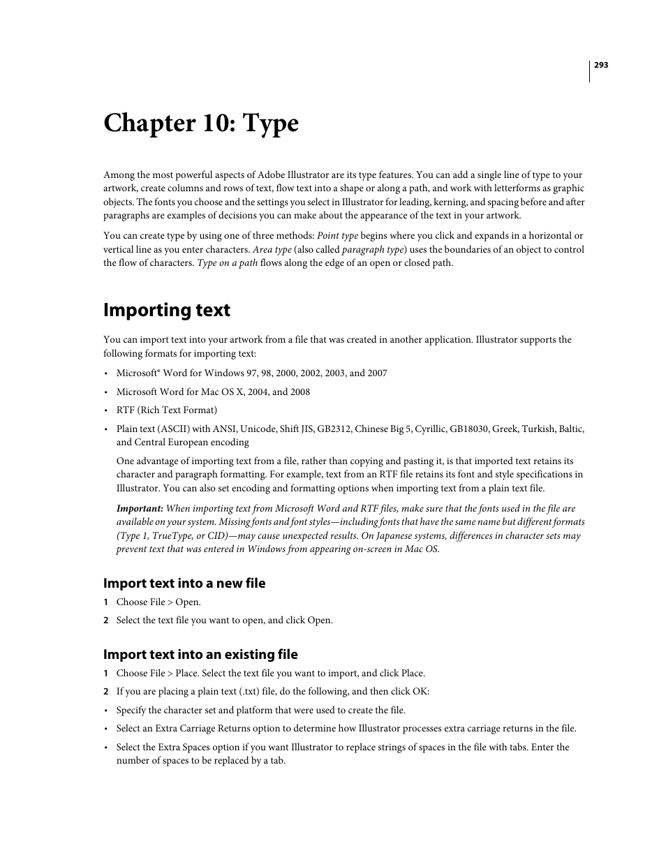 Chapter 10: type, Importing text, Import text into a new file | Import text into an existing file | Adobe Illustrator CS4 User Manual | Page 300 / 499