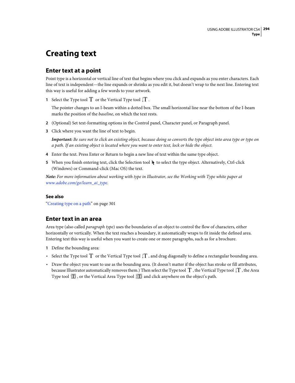 Creating text, Enter text at a point, Enter text in an area | Adobe Illustrator CS4 User Manual | Page 301 / 499