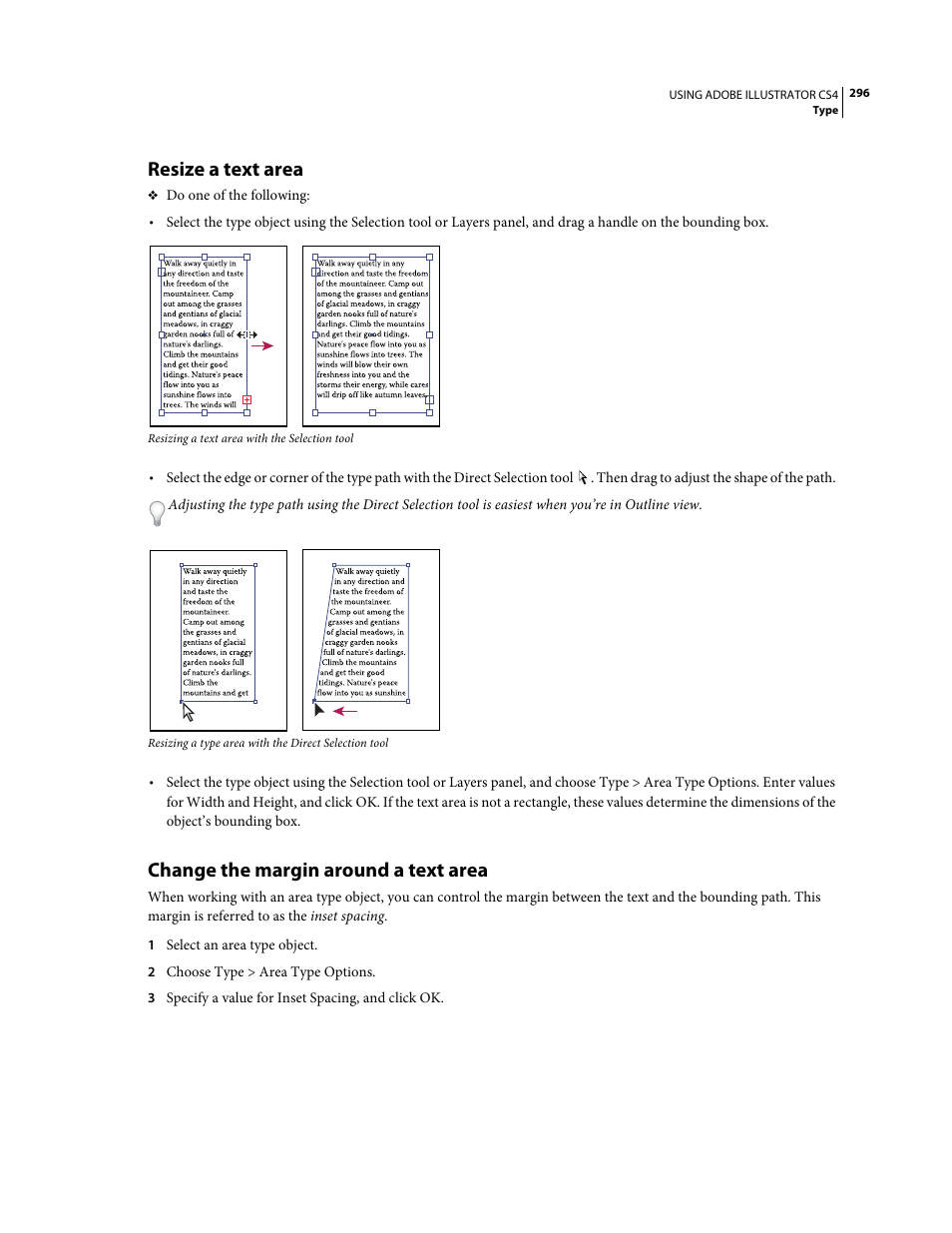 Resize a text area, Change the margin around a text area | Adobe Illustrator CS4 User Manual | Page 303 / 499