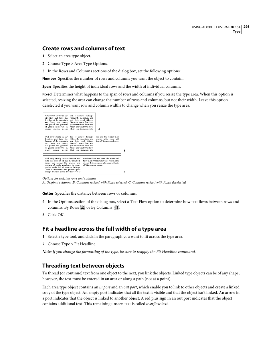 Create rows and columns of text, Threading text between objects | Adobe Illustrator CS4 User Manual | Page 305 / 499