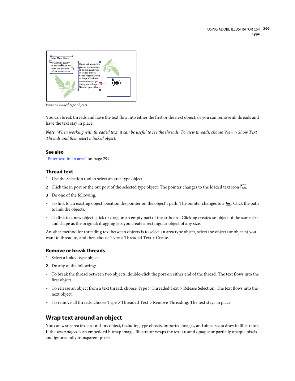 Thread text, Remove or break threads, Wrap text around an object | Adobe Illustrator CS4 User Manual | Page 306 / 499