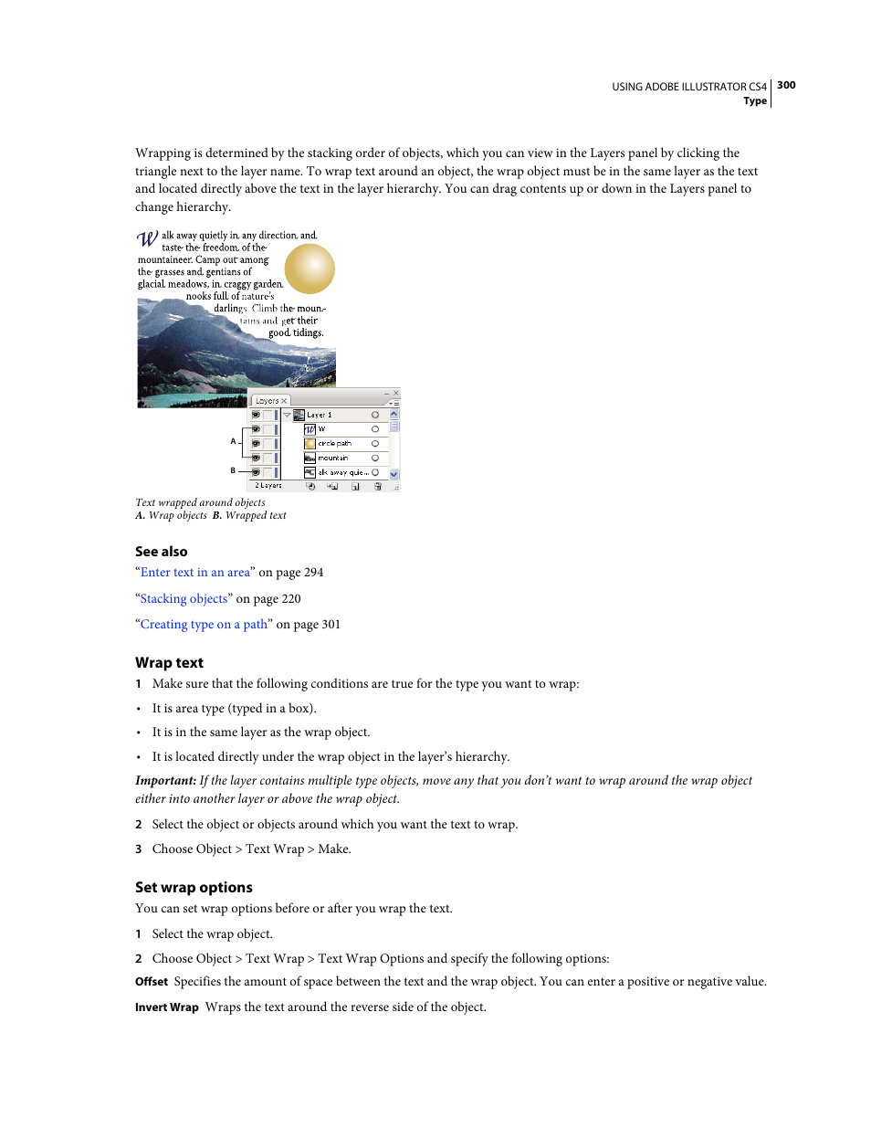 Wrap text, Set wrap options | Adobe Illustrator CS4 User Manual | Page 307 / 499