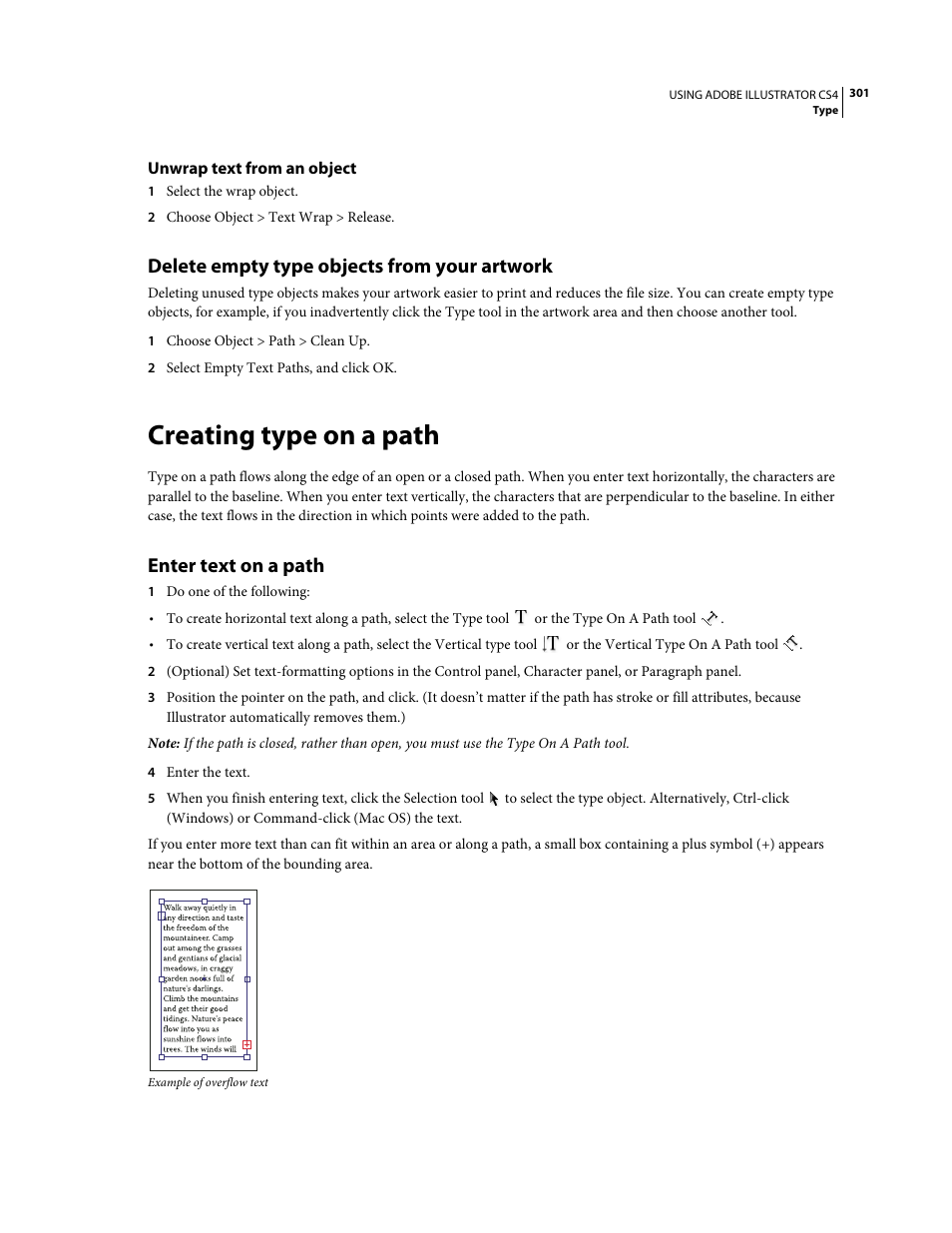 Unwrap text from an object, Delete empty type objects from your artwork, Creating type on a path | Enter text on a path | Adobe Illustrator CS4 User Manual | Page 308 / 499