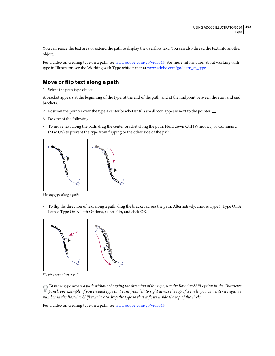 Move or flip text along a path | Adobe Illustrator CS4 User Manual | Page 309 / 499