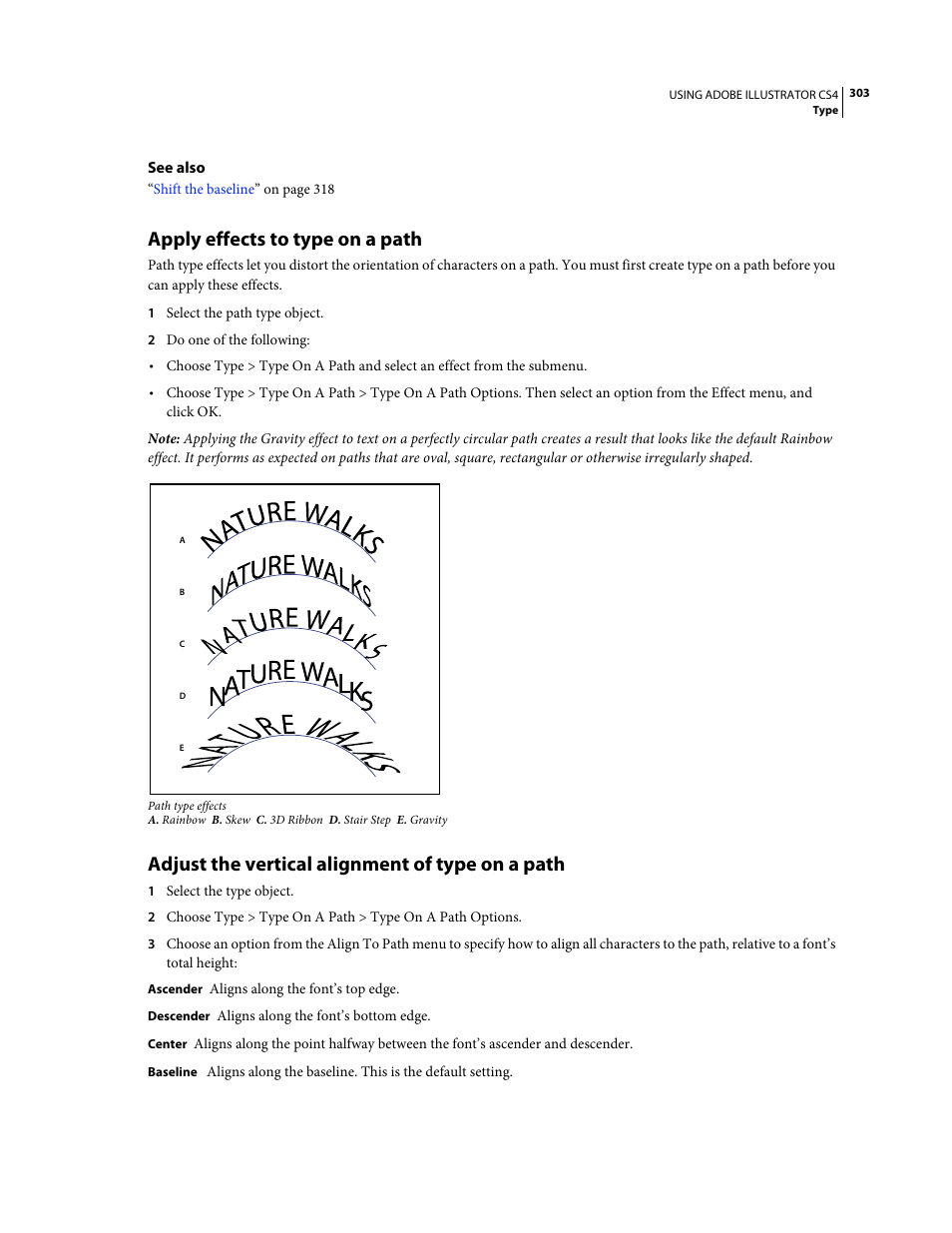 Apply effects to type on a path, Adjust the vertical alignment of type on a path | Adobe Illustrator CS4 User Manual | Page 310 / 499