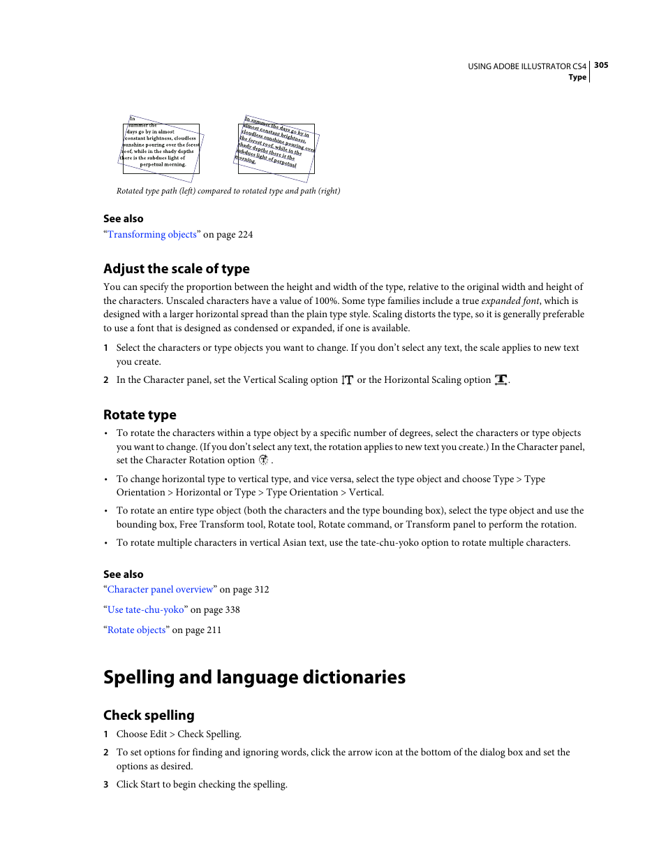 Adjust the scale of type, Rotate type, Spelling and language dictionaries | Check spelling | Adobe Illustrator CS4 User Manual | Page 312 / 499