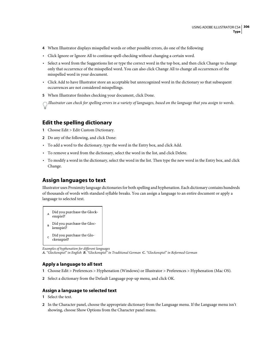 Edit the spelling dictionary, Assign languages to text, Apply a language to all text | Assign a language to selected text | Adobe Illustrator CS4 User Manual | Page 313 / 499
