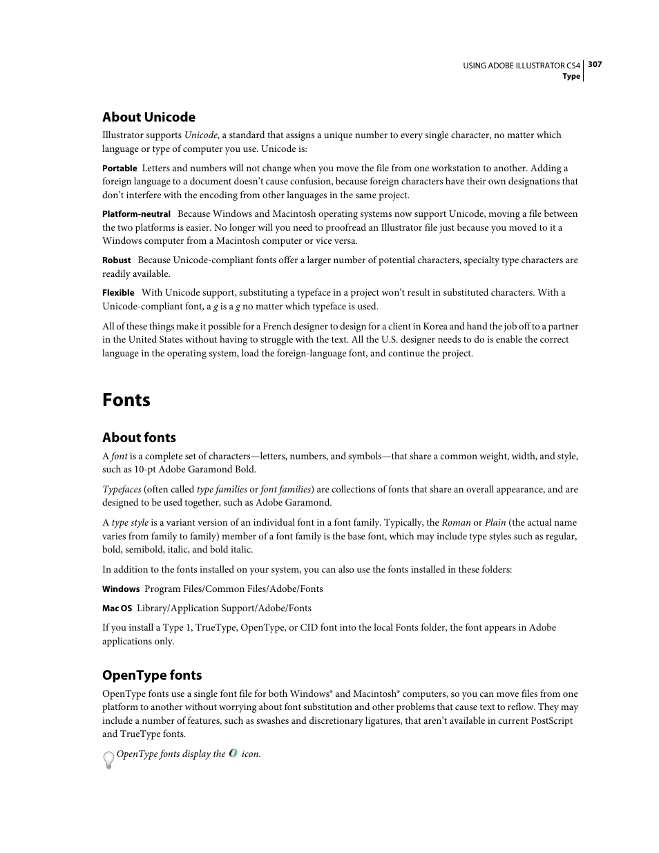 About unicode, Fonts, About fonts | Opentype fonts | Adobe Illustrator CS4 User Manual | Page 314 / 499