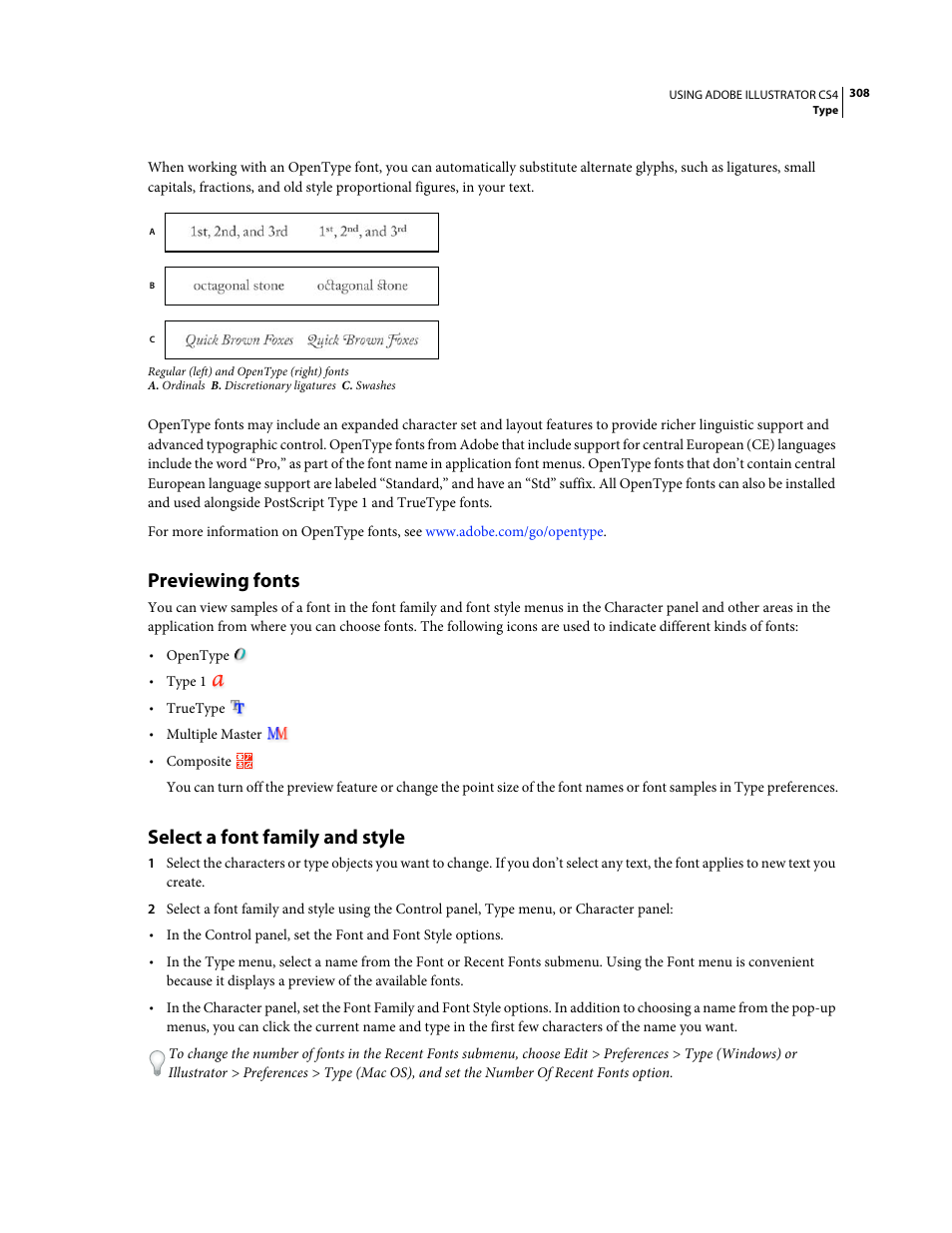 Previewing fonts, Select a font family and style | Adobe Illustrator CS4 User Manual | Page 315 / 499