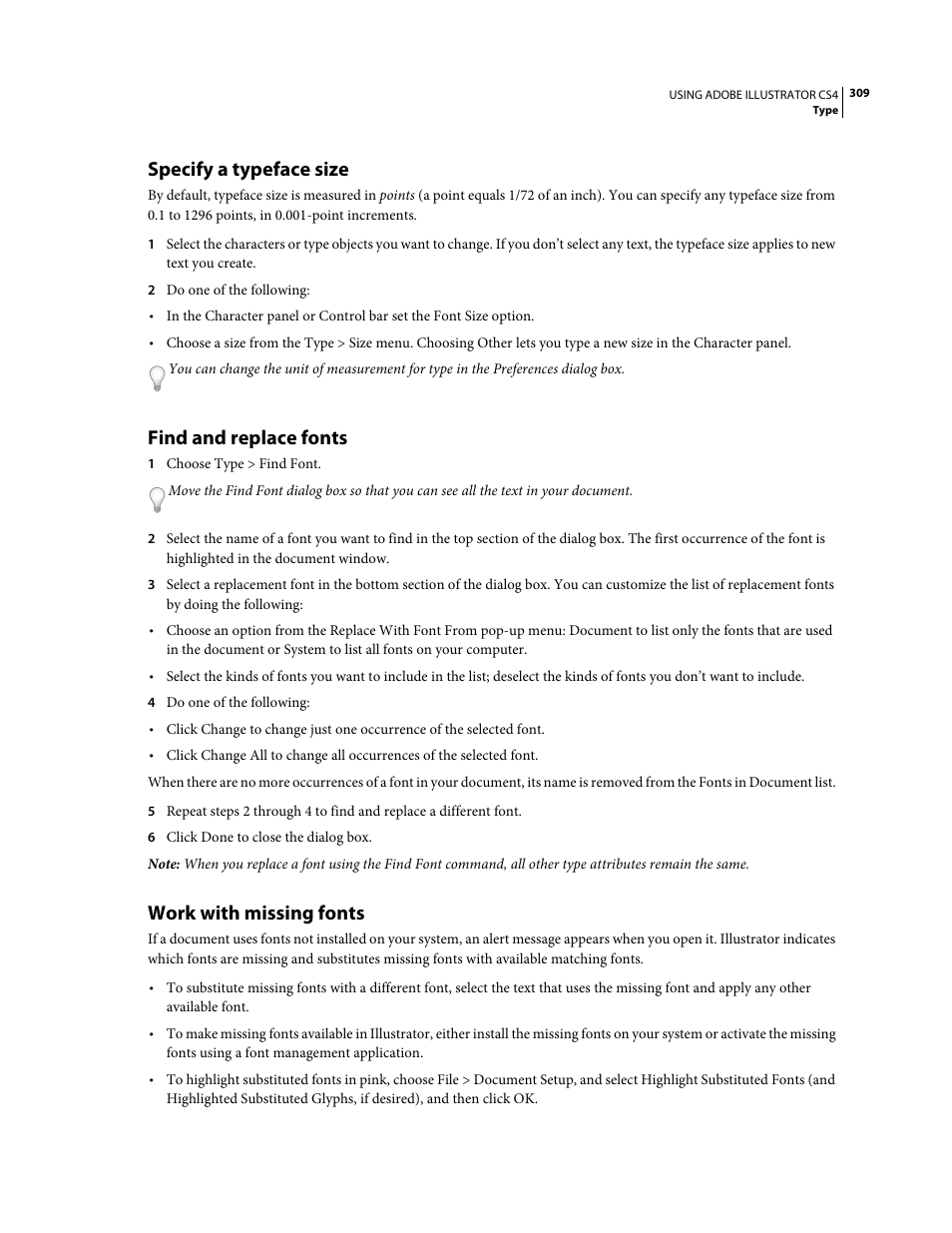 Specify a typeface size, Find and replace fonts, Work with missing fonts | Adobe Illustrator CS4 User Manual | Page 316 / 499