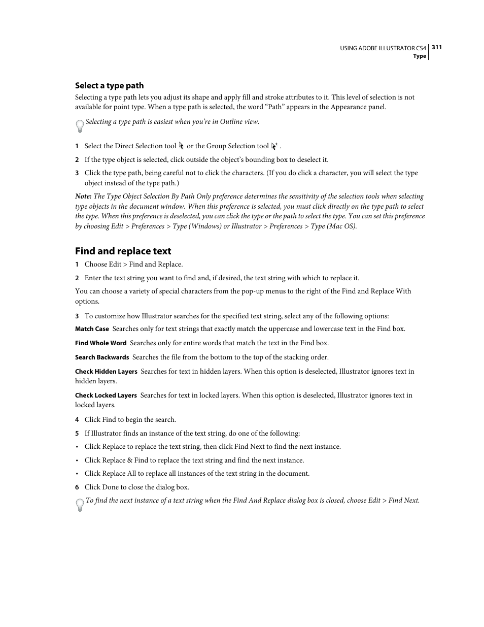 Select a type path, Find and replace text | Adobe Illustrator CS4 User Manual | Page 318 / 499