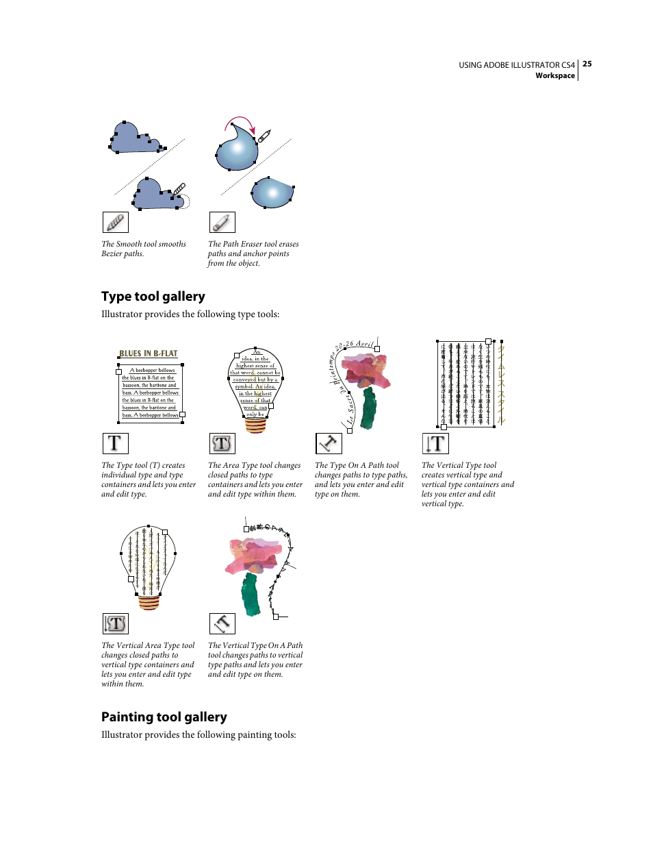 Type tool gallery, Painting tool gallery | Adobe Illustrator CS4 User Manual | Page 32 / 499