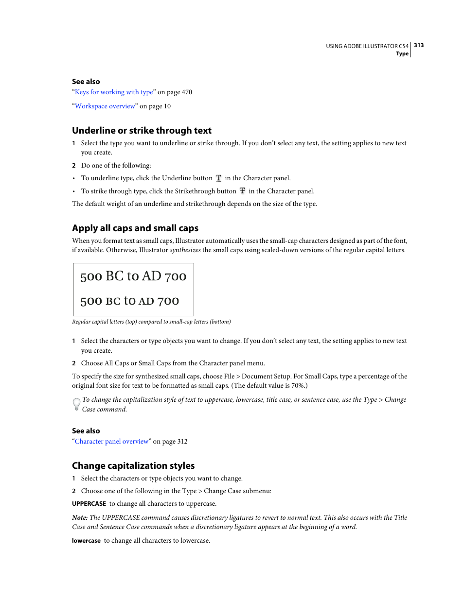Underline or strike through text, Apply all caps and small caps, Change capitalization styles | Adobe Illustrator CS4 User Manual | Page 320 / 499