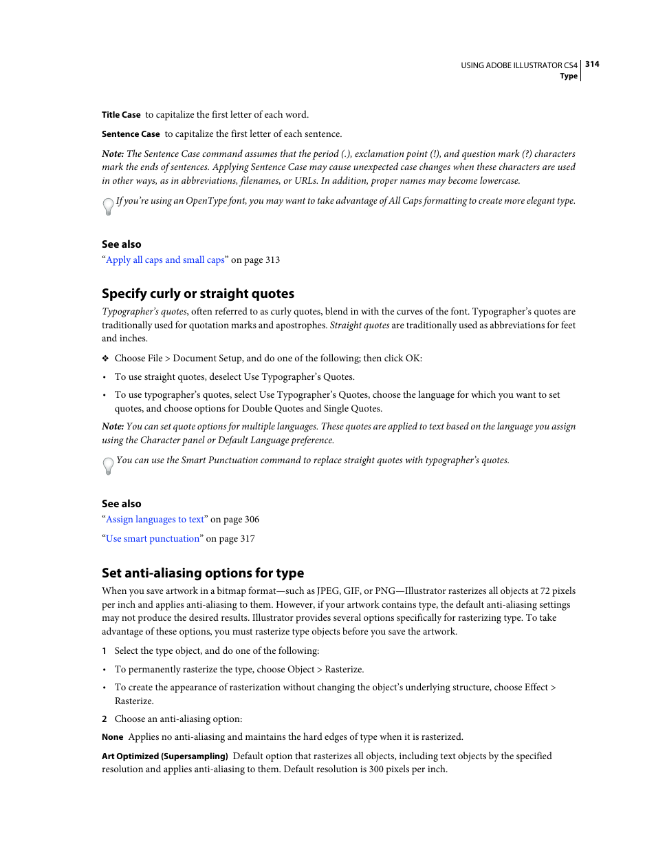 Specify curly or straight quotes, Set anti-aliasing options for type | Adobe Illustrator CS4 User Manual | Page 321 / 499