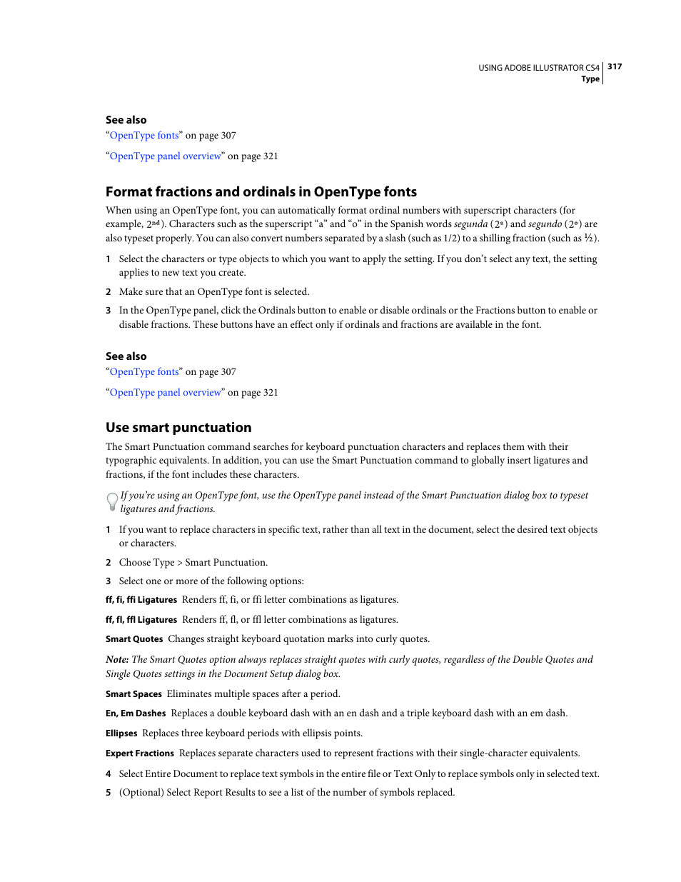 Format fractions and ordinals in opentype fonts, Use smart punctuation | Adobe Illustrator CS4 User Manual | Page 324 / 499