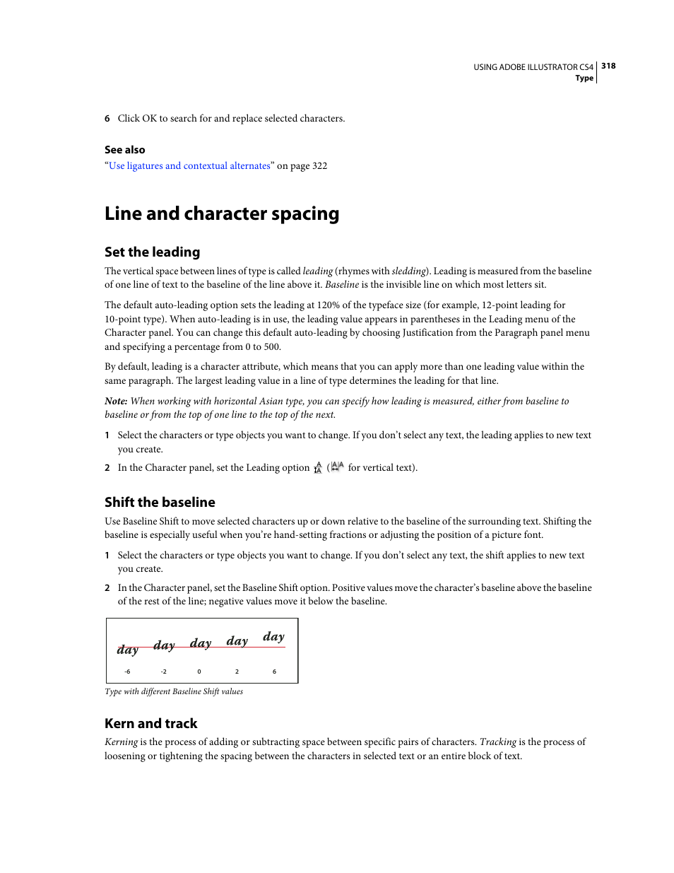 Line and character spacing, Set the leading, Shift the baseline | Kern and track | Adobe Illustrator CS4 User Manual | Page 325 / 499